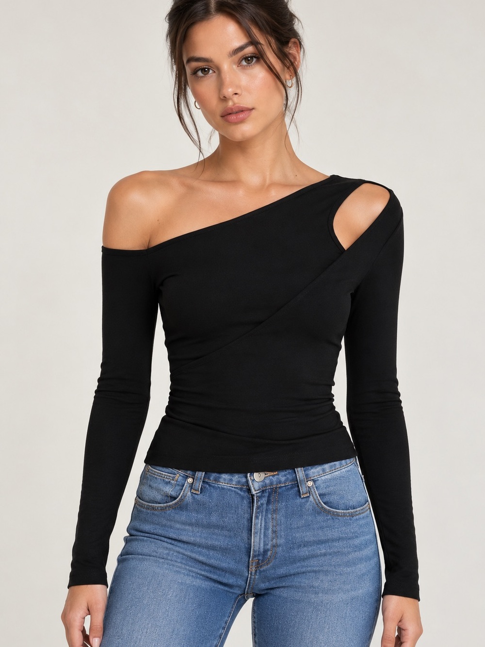 STYLEWE Black Asymmetric One-Shoulder Long Sleeve Top